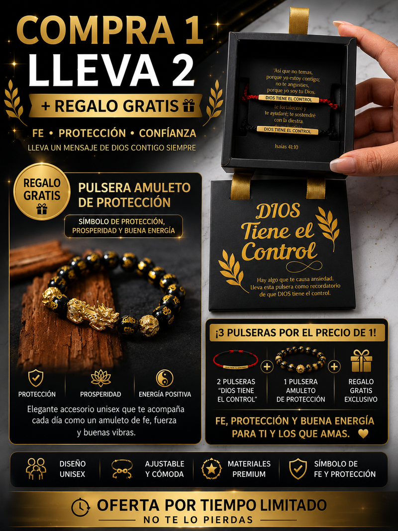 2 Pulseras "Dios Tiene el Control" + 1 Pulsera Amuleto de Protección GRATIS 🎁